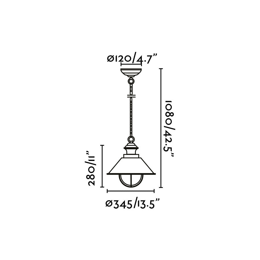 Diagrama de medidas lámpara colgante exterior NÁUTICA 340 faro náutico marrón óxido, modelo 71139, diseño en acero y cristal para iluminación jardín y luminaria suspensión