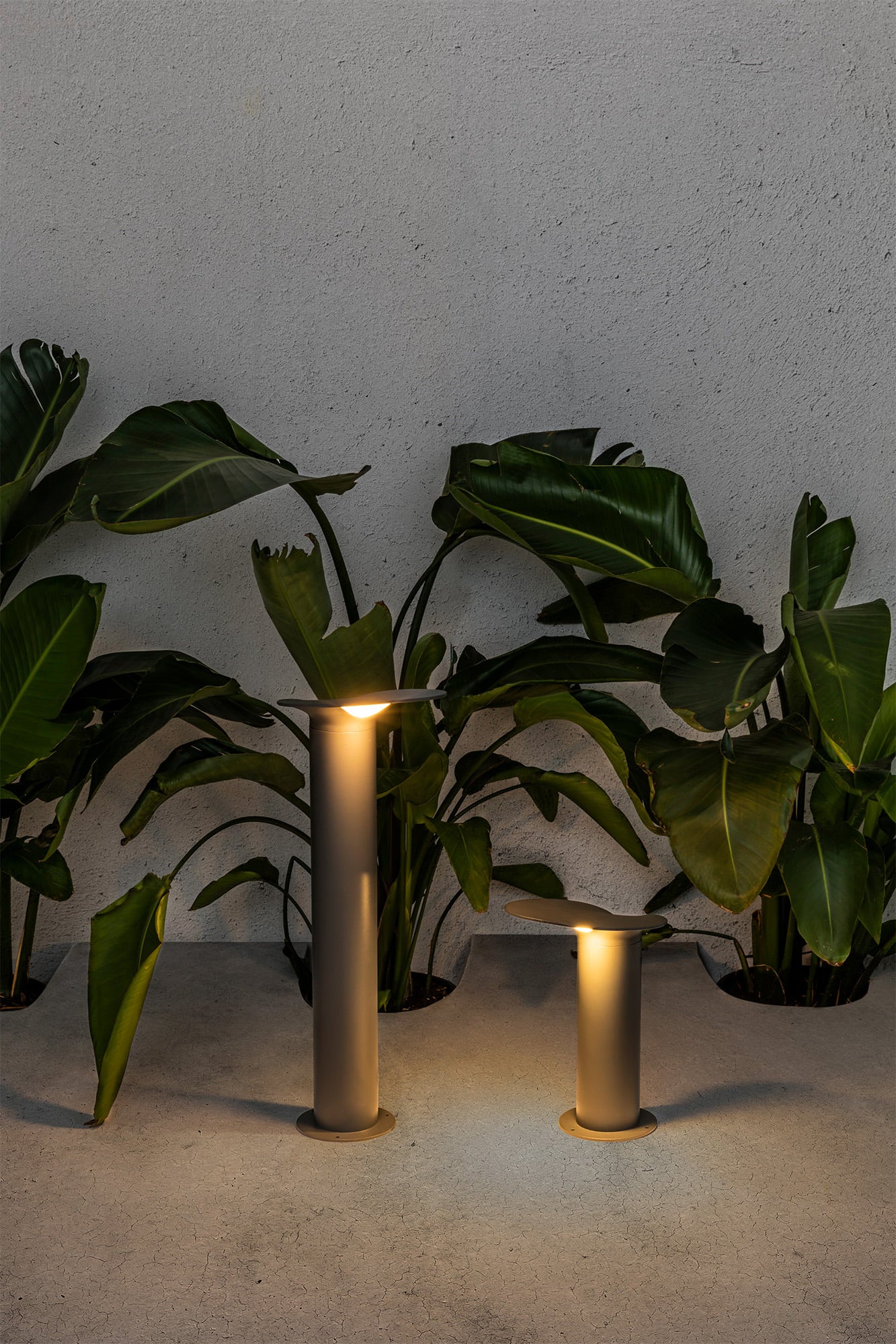 Baliza exterior LOTUS 650 en gris oscuro iluminando jardín moderno, faro de aluminio LED IP65 para iluminación exterior contemporánea, luminaria de superficie colección Lotus.