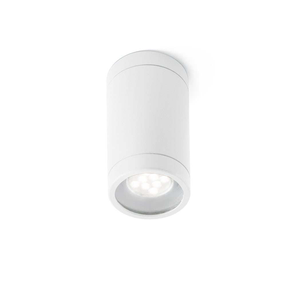 Plafon OLOT blanco exterior FARO modelo 71372, luminaria superficie aluminio cristal transparente IP44 para iluminación terrazas
