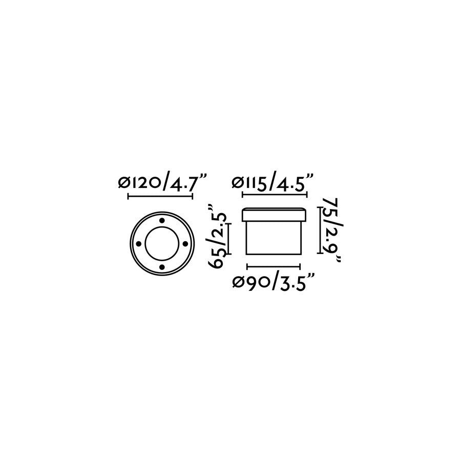 Diagrama de medidas luz empotrable LIO Níquel Mate FARO 71495, luminaria suelo exterior LED IP67 IK08, acero inoxidable cristal serie 208 iluminación jardín