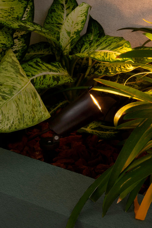 Lámpara exterior TONI negra de FARO modelo 71528 como aplique o estaca para jardín, iluminación puntual IP65 resistente al agua por Alegre Design en entorno ambiental