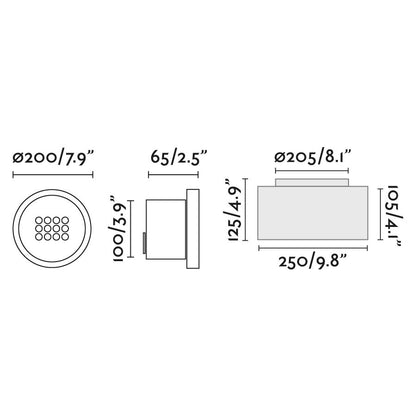 Diagrama de medidas de luminaria empotrable TRAS 25L negra 13º FARO 71716, iluminación exterior LED 25W IP67 en aluminio ABS para señalización de jardín