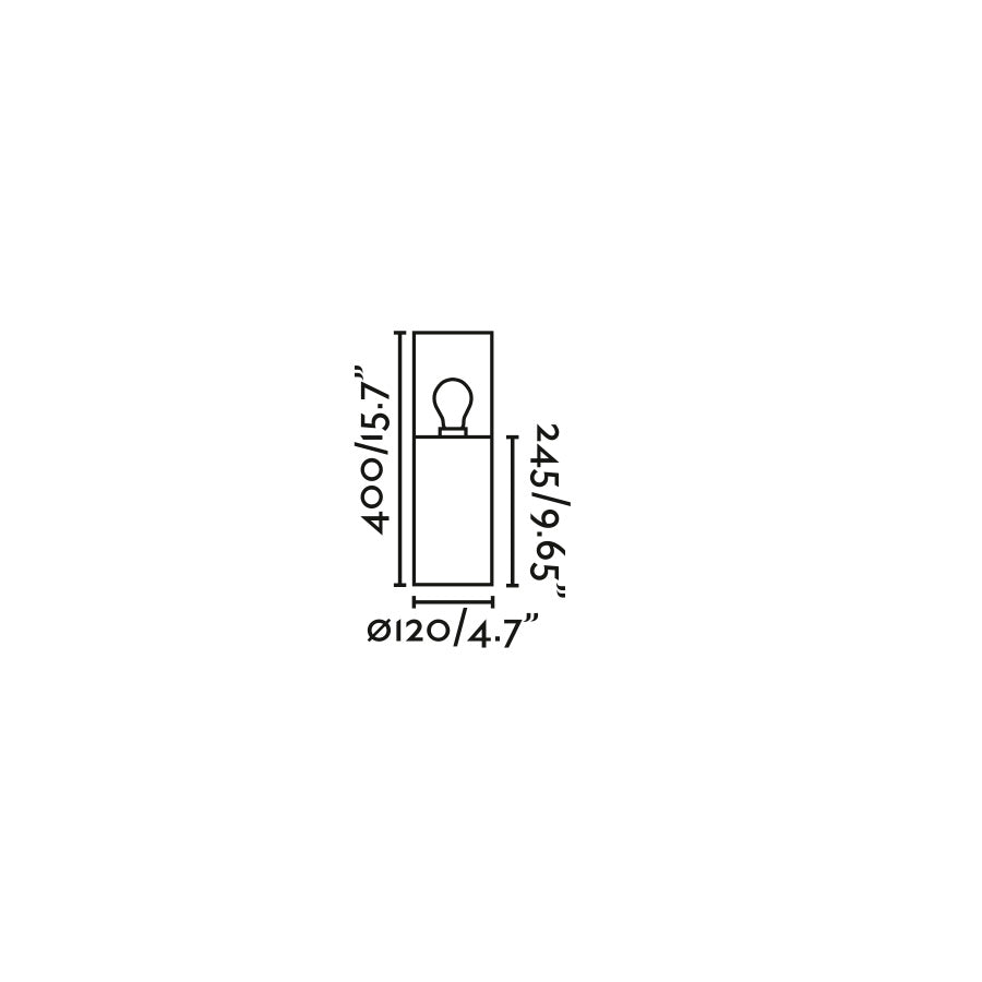 Diagrama de medidas de la baliza exterior KILA 400 en gris ahumado, modelo FARO 71747, luminaria de superficie para jardín y terraza en aluminio y cristal con bombilla LED E27