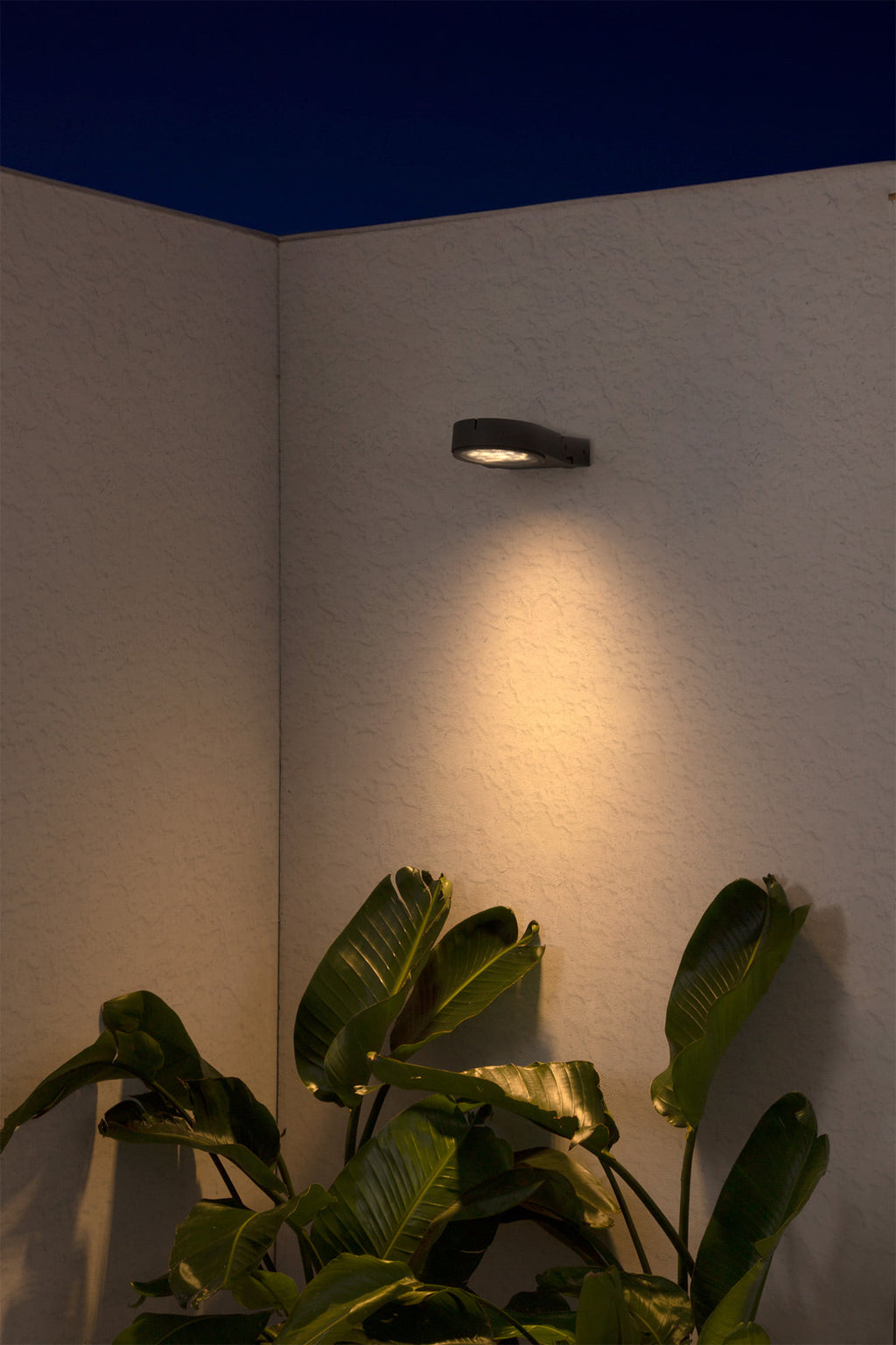 Lámpara proyector exterior MUUR 250 gris oscuro FARO Serie 7172 instalada en fachada de jardín, iluminación LED IP65 de aluminio resistente para exteriores