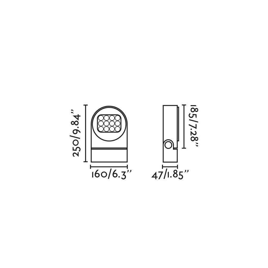 Medidas y dimensiones de la lámpara proyector exterior MUUR 250 Gris Oscuro FARO Serie 7172 modelo 71771, en aluminio IP65 para jardín, fachada y pared LED