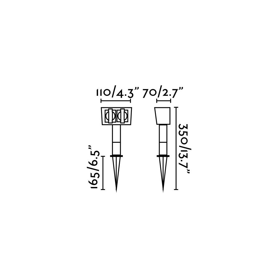 Diagrama de medidas y dimensiones de la Estaca Jardín GARTEN-1 Dos Tomas Negro FARO 73100, luminaria exterior serie 221 en negro mate ABS, con estaca pincho para jardín, terraza y tomas de corriente