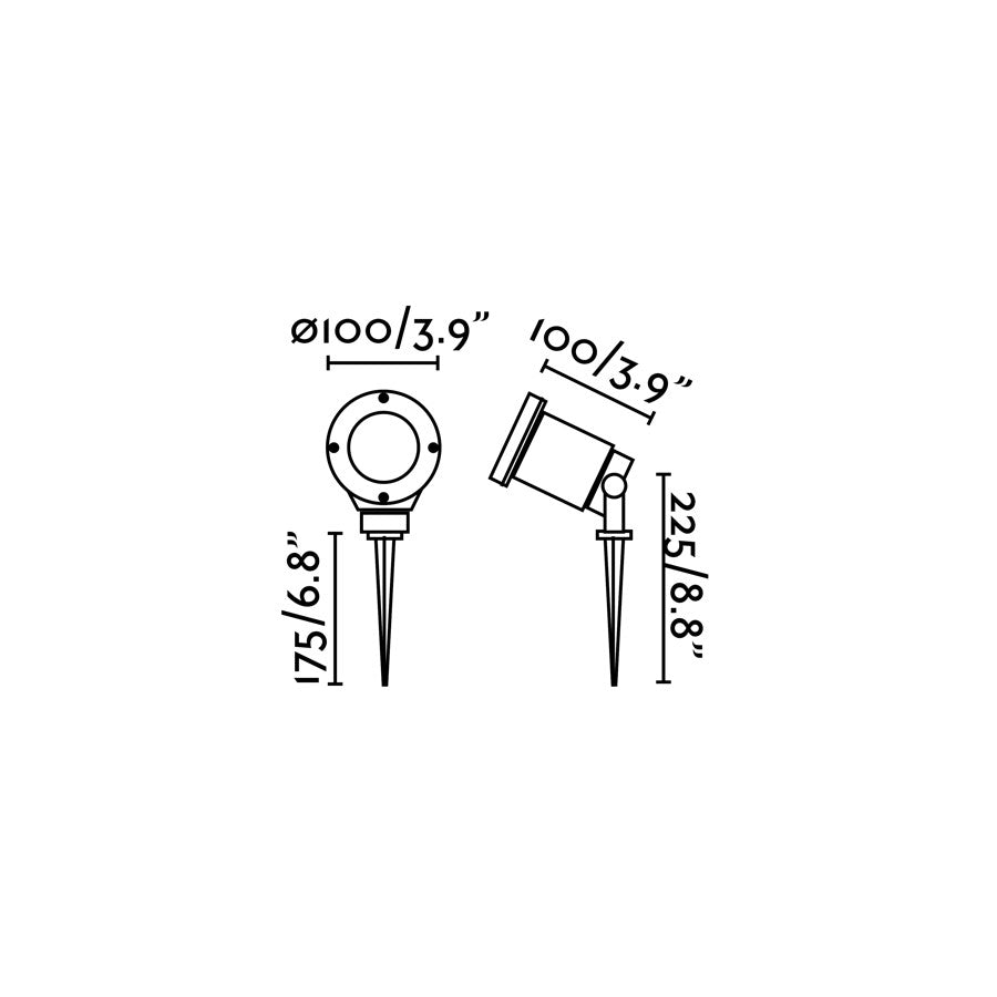 Medidas detalladas de la luminaria estaca negra FARO 73150, faro exterior de jardín en aluminio y cristal, IP44, compatible con GU10 LED, iluminación suelo colección 224