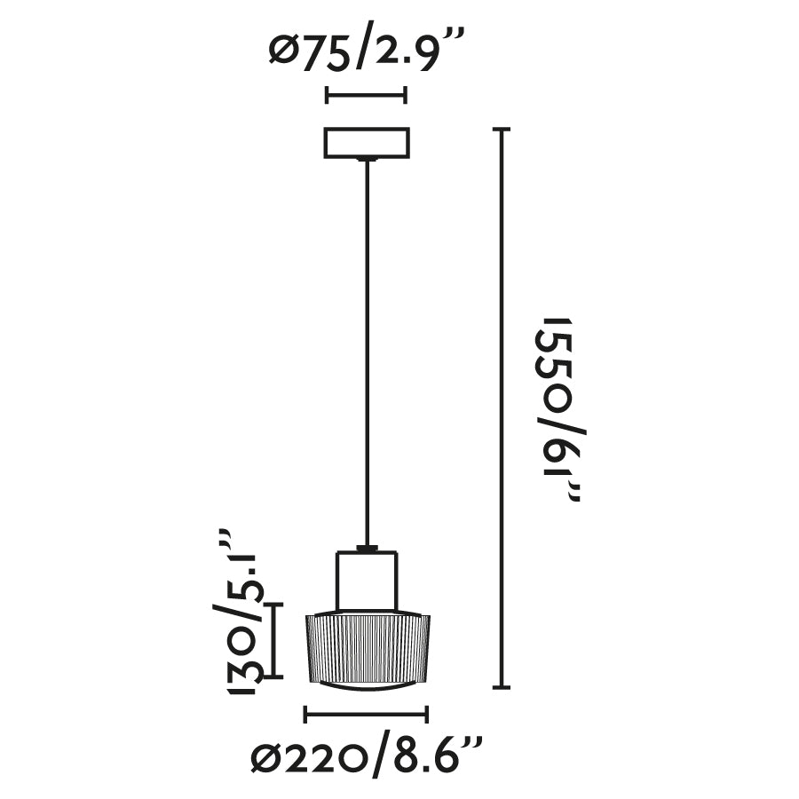 Diagrama de medidas luminaria colgante MUFFIN Gris Oscuro FARO 74427C-04, iluminación exterior en aluminio y PMMA IP44 para suspensión techo