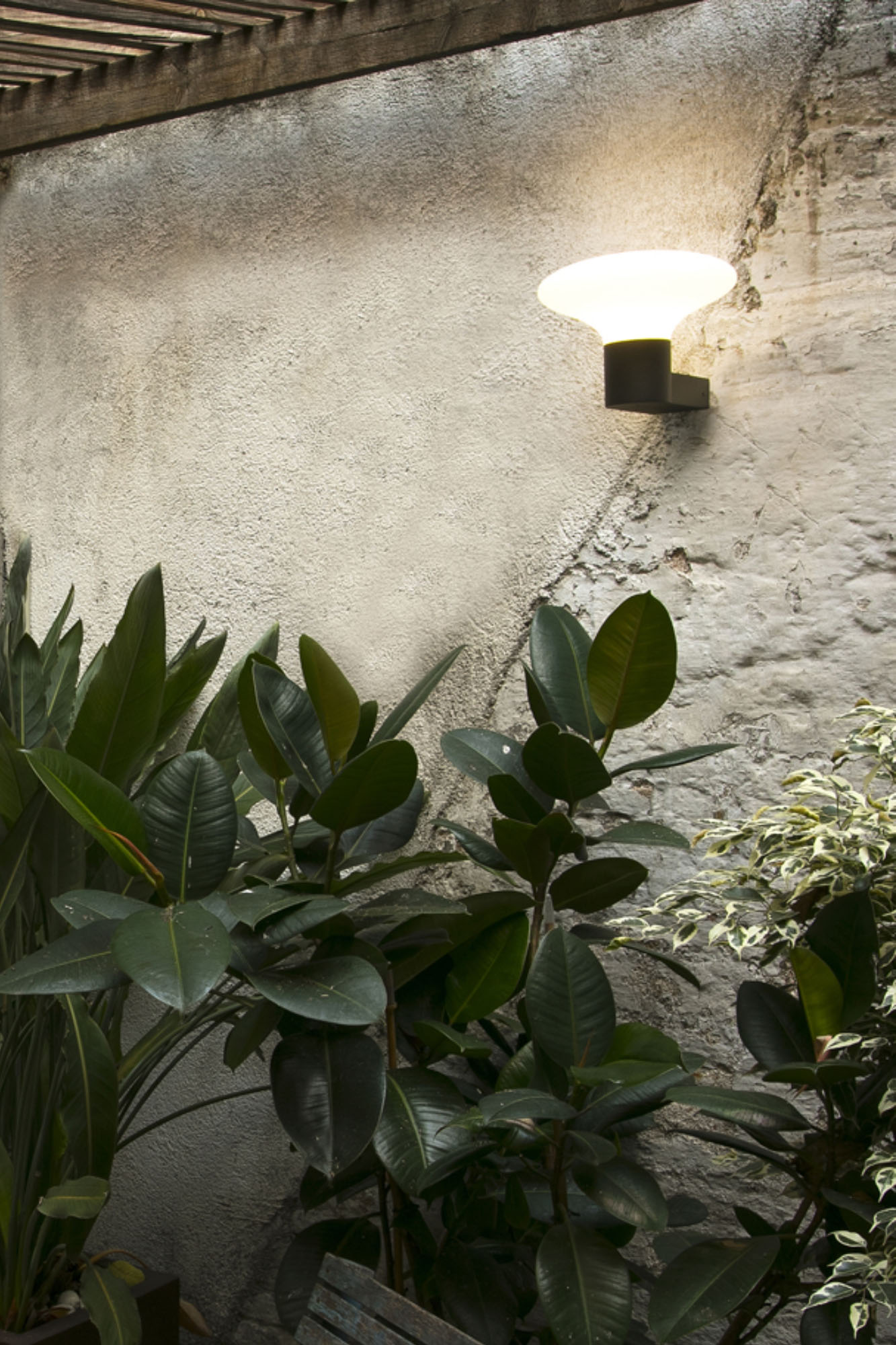 Aplique de pared exterior BLUBS Gris Oscuro FARO 74432A-03 en ambiente de jardín iluminado, luminaria contemporánea de aluminio y PMMA IP44 para exteriores