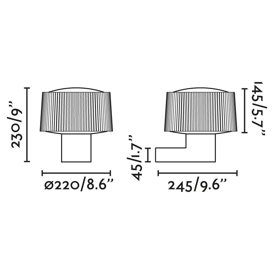 Medidas y dimensiones de luminaria de pared exterior MUFFIN en gris oscuro FARO modelo 74432A-04, aplique de aluminio y PMMA IP44 para jardín