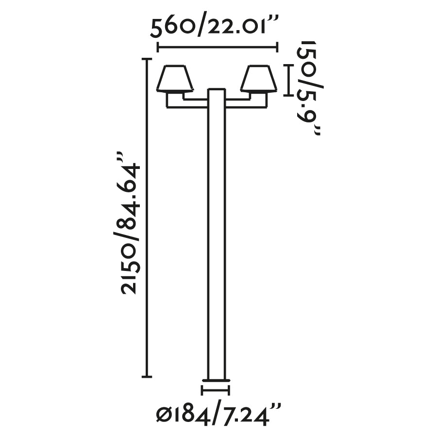 Diagrama de medidas de la farola MISTU 2L en gris oscuro, modelo 74435F2-02, farola exterior de aluminio para jardín, luminaria superficie LED E27 IP44