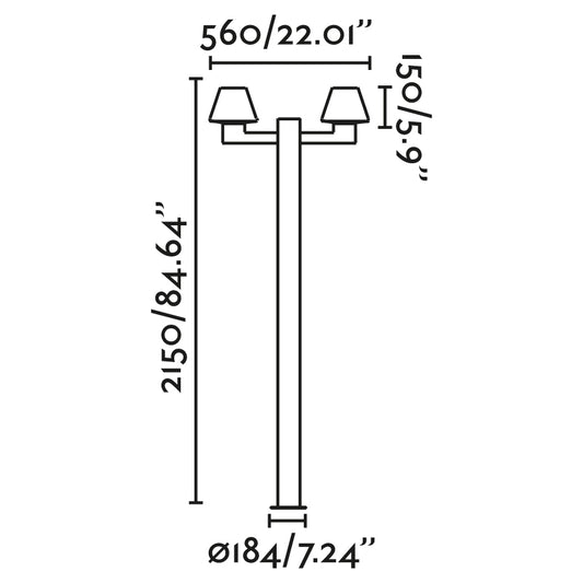 Diagrama de medidas de la farola MISTU 2L en gris oscuro, modelo 74435F2-02, farola exterior de aluminio para jardín, luminaria superficie LED E27 IP44