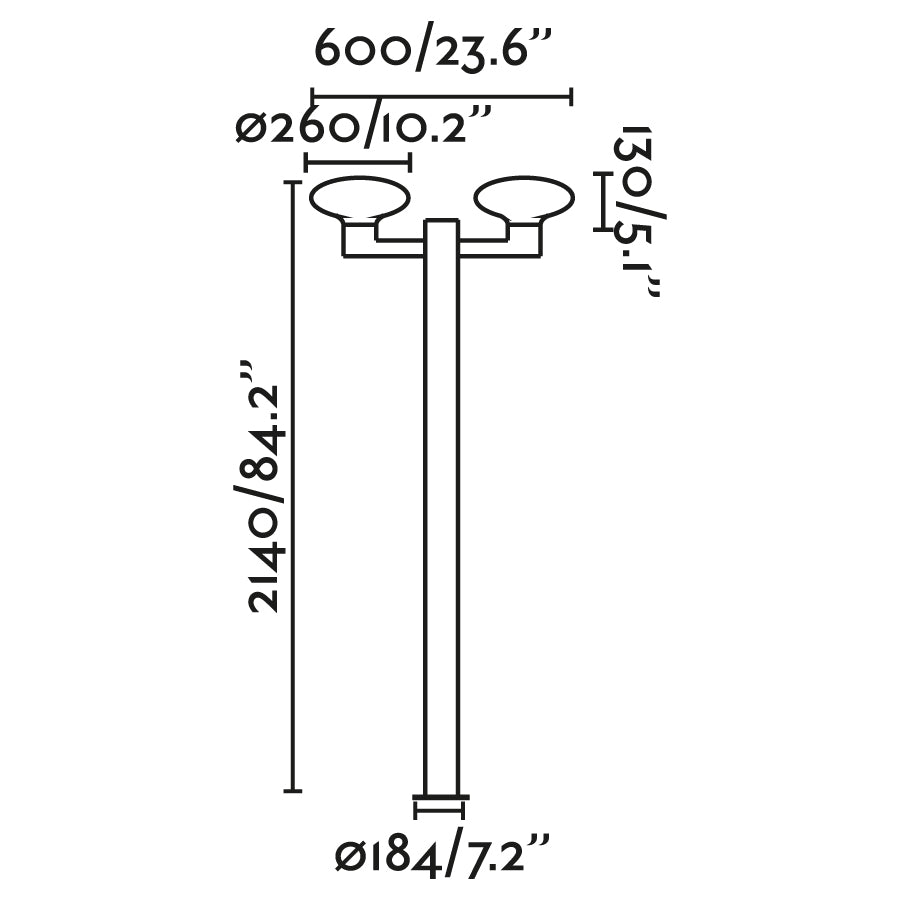 Medidas detalladas de la farola BLUBS 2L Gris Oscuro FARO 74435F2-03, luminaria exterior de aluminio y PMMA para jardín, IP44, instalación superficie
