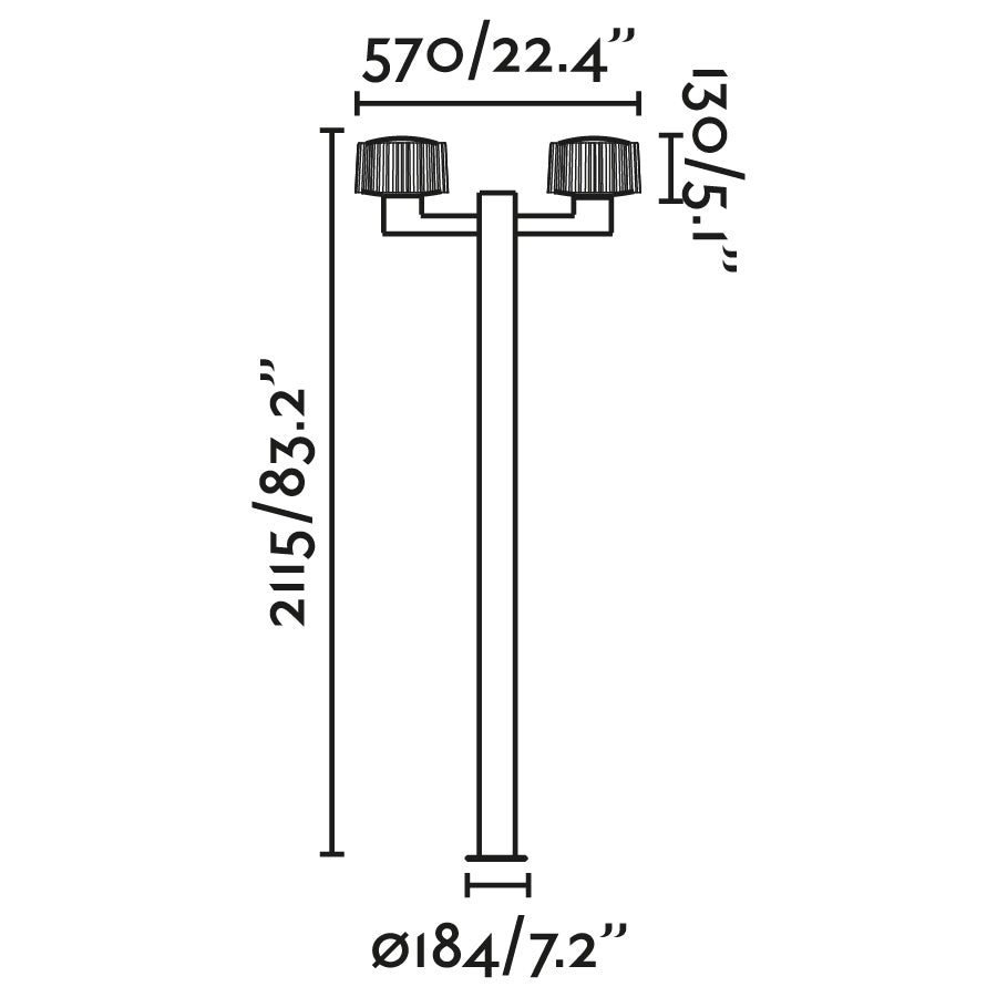 Diagrama de medidas de farola exterior MUFFIN 2L en gris oscuro, modelo 74435F2-04, luminaria de jardín contemporánea en aluminio y PMMA para iluminación exterior.