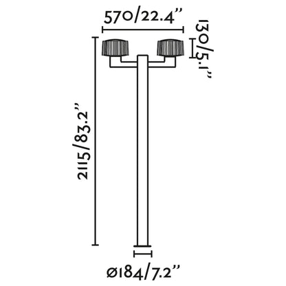 Diagrama de medidas de farola exterior MUFFIN 2L en gris oscuro, modelo 74435F2-04, luminaria de jardín contemporánea en aluminio y PMMA para iluminación exterior.
