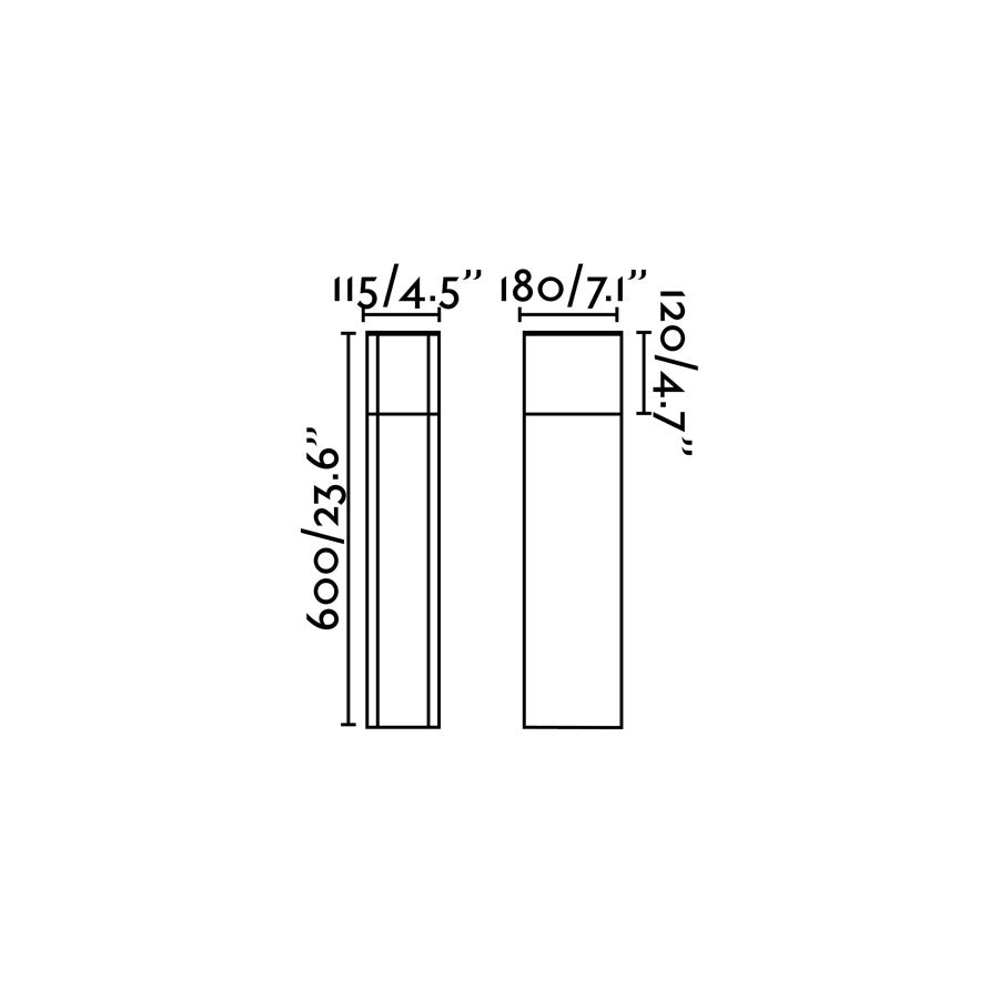 Medidas dimensionales de la baliza exterior DATNA 600 Gris Oscuro FARO 74442, luminaria superficial de aluminio y policarbonato para jardín, terraza e iluminación exterior resistente IP44
