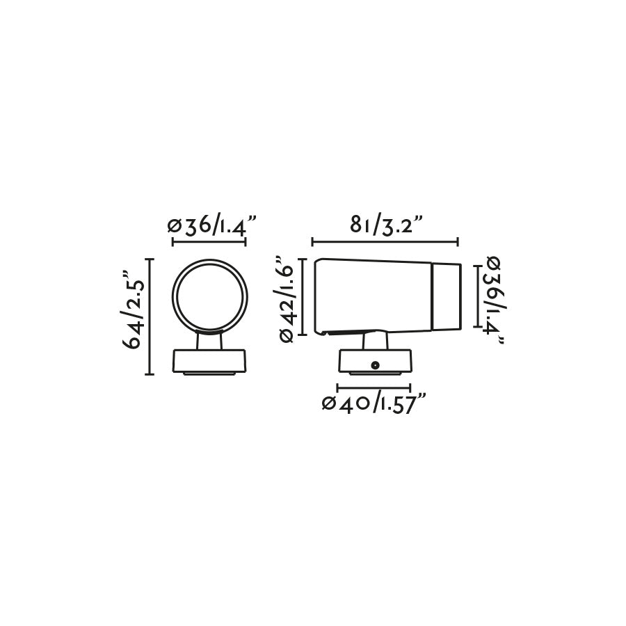 Diagrama de dimensiones del Proyector LED Exterior PUK 36 Negro 8° 3000K FARO IP65, luminaria superficie LED COB para jardín y terraza