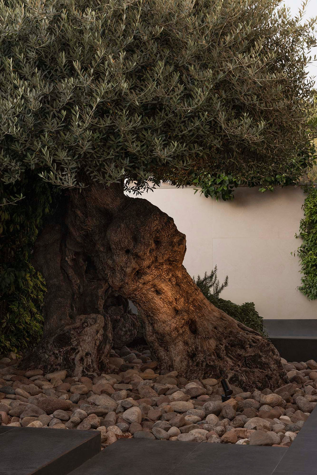 Proyector exterior PUK 59 negro 30° 2700K FARO 75302-222 en ambiente arquitectónico salino, iluminación acento LED COB IP65 superficie para arquitectura exterior