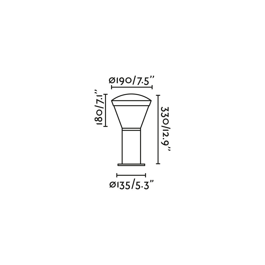 Medidas detalladas de la baliza LED exterior Shelby 330 en gris oscuro, faro de aluminio IP65 para jardín y terraza