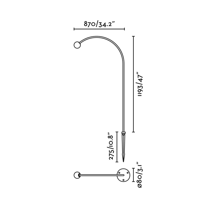 Diagrama de medidas de la estaca exterior CUCA 1193 negra de FARO (modelo 75566), luminaria de suelo minimalista en acero inoxidable con LED COB para jardín e iluminación exterior.