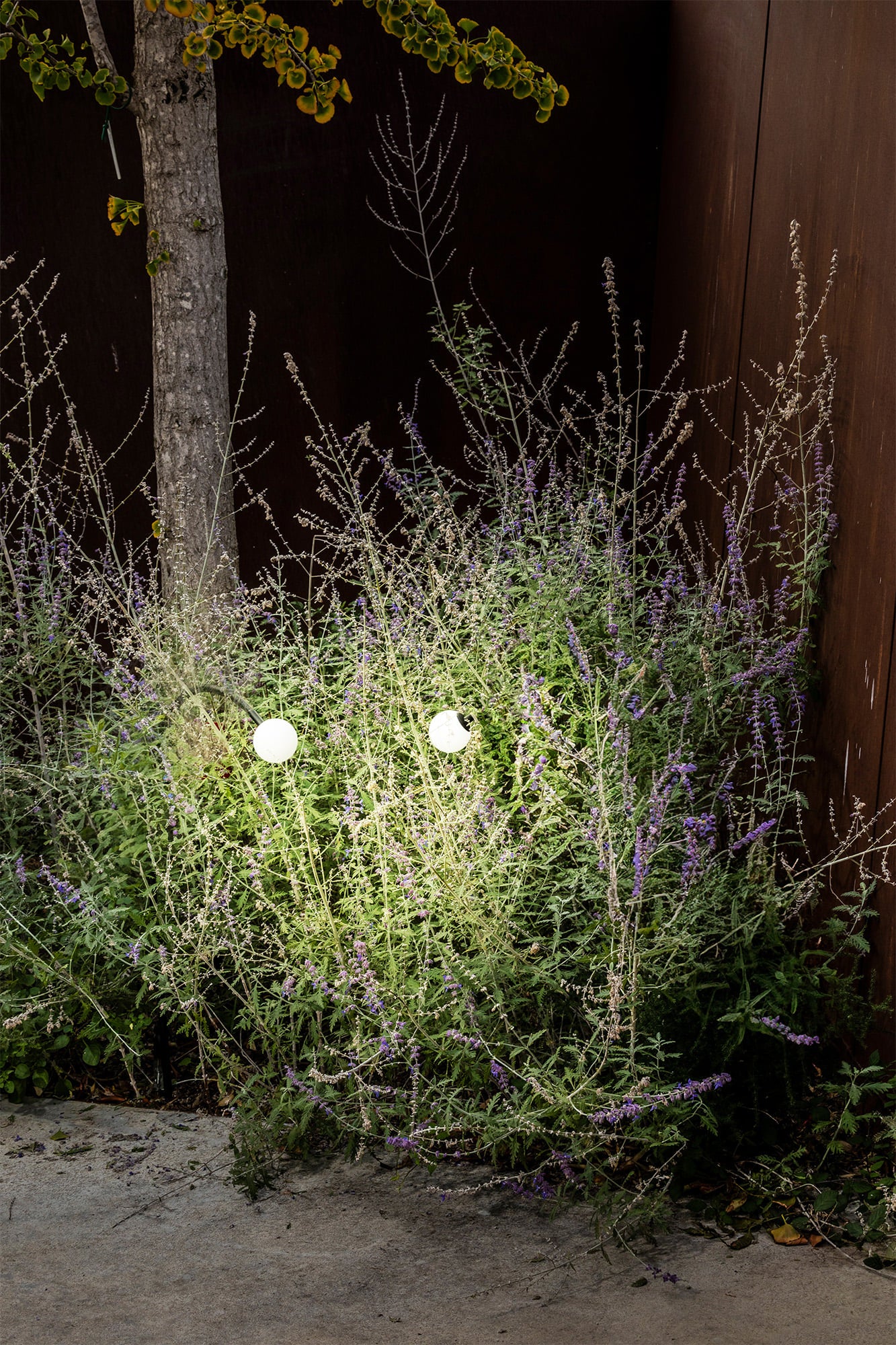 Baliza exterior CUCA 650 negra de acero inoxidable con cristal opal y LED, faro minimalista IP65 para jardín, modelo 75567 en entorno luminoso moderno