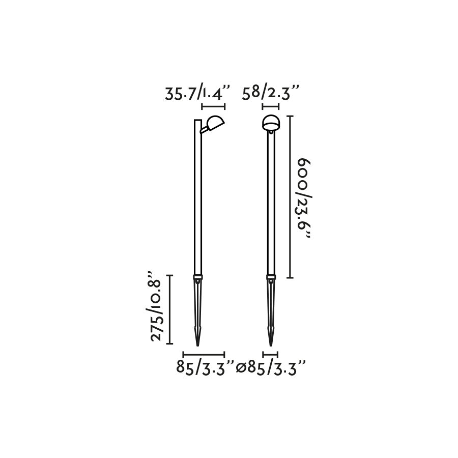 Diagrama de medidas de la estaca BROT 600 Negra en aluminio, faro LED orientable para iluminación exterior de jardín y parques, IP65 resistente al agua, luz cálida 2700K, referencia 75571