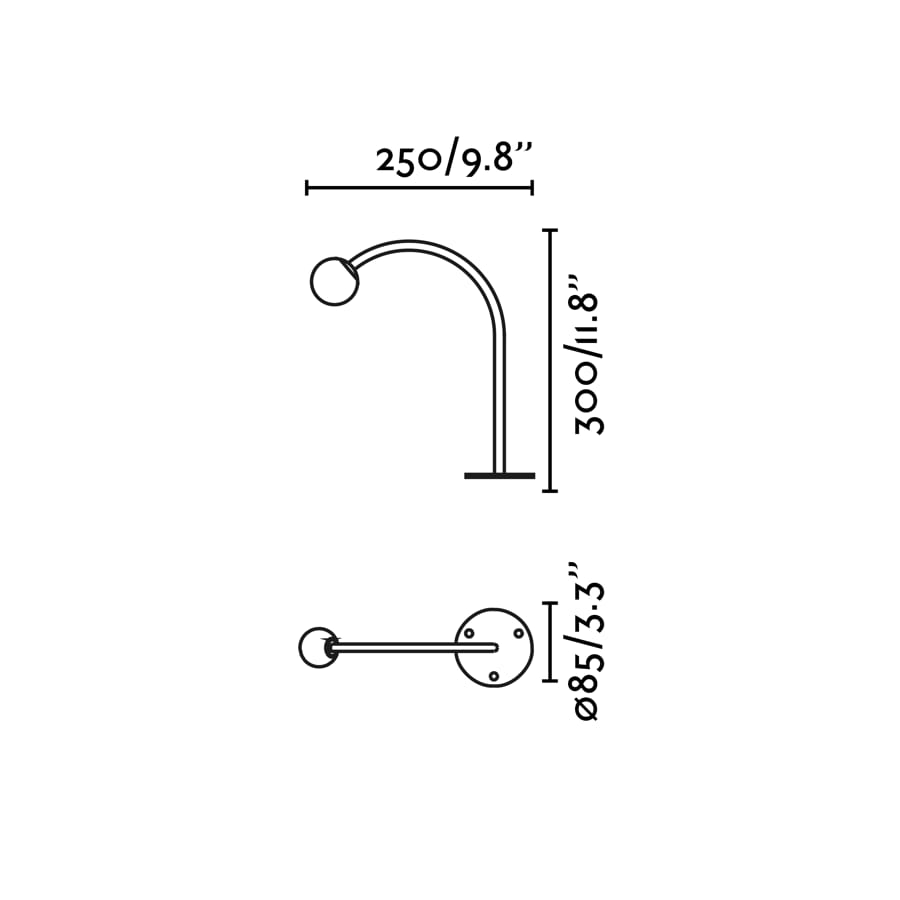 Diagrama de dimensiones de la baliza exterior CUCA 300 negra 24V faro serie 75580, luminaria de superficie en acero inoxidable con cristal opal y LED COB IP65 para iluminación de jardín y arquitectura minimalista