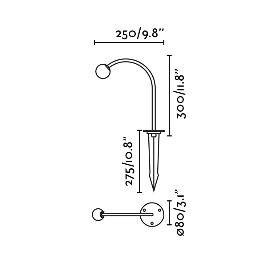 Diagrama de medidas estaca luminaria CUCA 300 negra 24V FARO 75581, acero inoxidable cristal IP65 LED exterior jardín