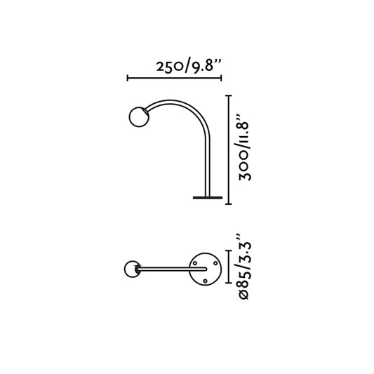 Diagrama de medidas de la baliza de exterior CUCA 300 negra, faro de acero inoxidable con cristal opal IP65 para jardín y terraza, iluminación minimalista colección 7559.