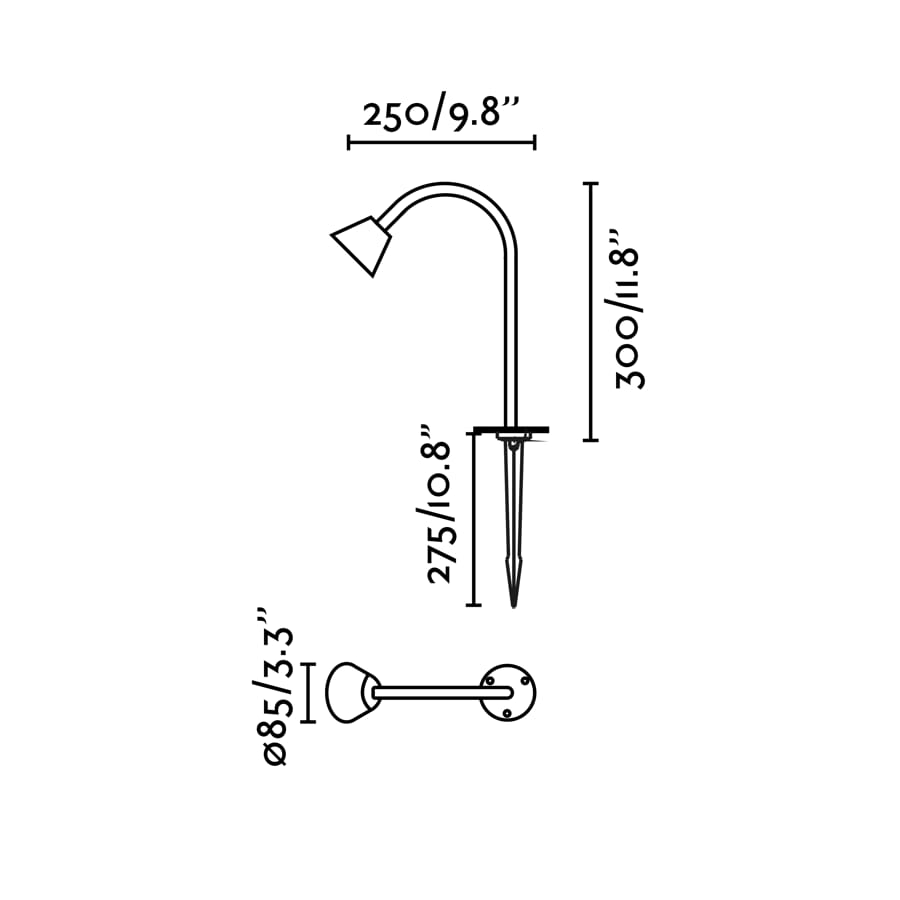 Dimensiones de la baliza exterior LILY 300 estaca negra faro LED serie 286, luminaria de superficie en acero inoxidable y cristal para jardín, IP65, modelo 75620-2