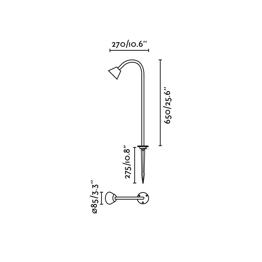 Medidas detalladas de la baliza LED exterior LILY 650 estaca negra FARO serie 286 en acero inoxidable IP65 para iluminación de jardín y luminaria superficie
