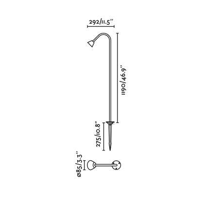 Diagrama de medidas de la estaca de iluminación LED LILY 1190 negra 24V FARO modelo 75622-1, iluminación exterior para jardín y paisaje en acero inoxidable y cristal IP65, colección 286