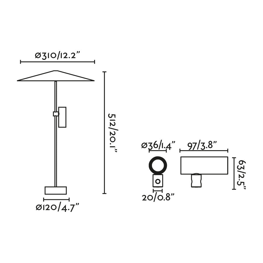 Diagrama de dimensiones baliza exterior CLAP 512 negra 6W 3000K, faro LED aluminio para jardín IP65, luminaria superficie iluminación senderos negro 75704-233P
