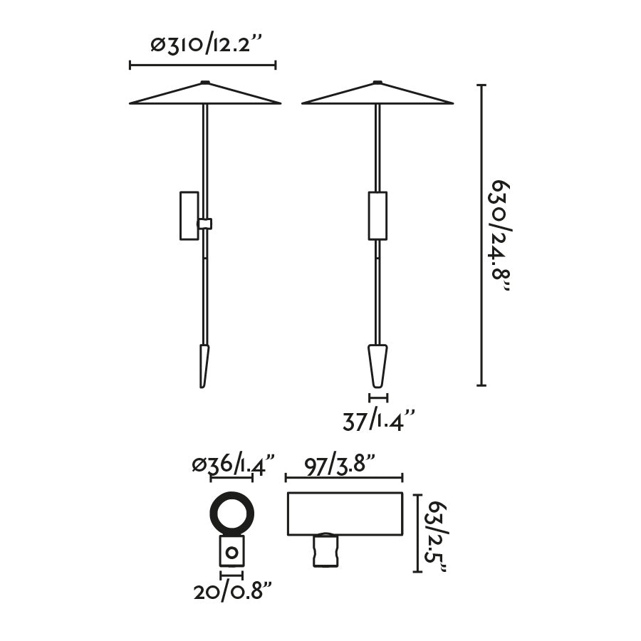 Diagrama de medidas de la Estaca Luminaria CLAP 630 Negra 6W FARO 75708-233P, iluminación exterior LED para jardín en aluminio negro IP65 3000K acento luz