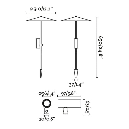 Diagrama de medidas de la Estaca Luminaria CLAP 630 Negra 6W FARO 75708-233P, iluminación exterior LED para jardín en aluminio negro IP65 3000K acento luz