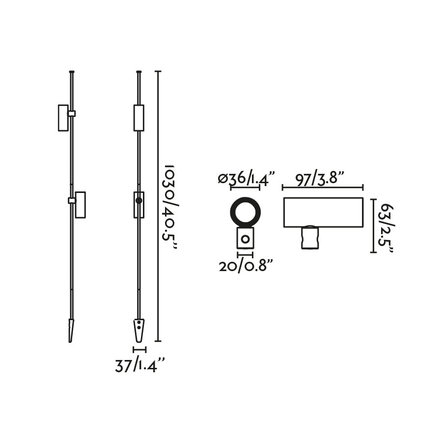 Diagrama de medidas estaca CLAP 630 negra 6W 3000K 38º FARO jardín LED exterior IP65 iluminación escenográfica superficie 75709-233DR