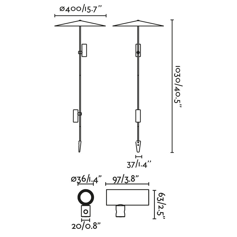 Diagrama de medidas y dimensiones de la estaca LED CLAP 1030 negra 2x6W 3000K para iluminación exterior, faro jardín COB LED 24V luminaria superficie acento, modelo FARO 75709-233P