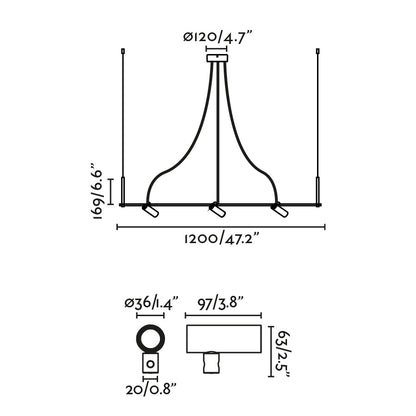 Diagrama de medidas luminaria colgante lineal CLAP negro 3x6W FARO 75711-233, iluminación exterior LED COB IP65 suspensión 3000K 38 grados