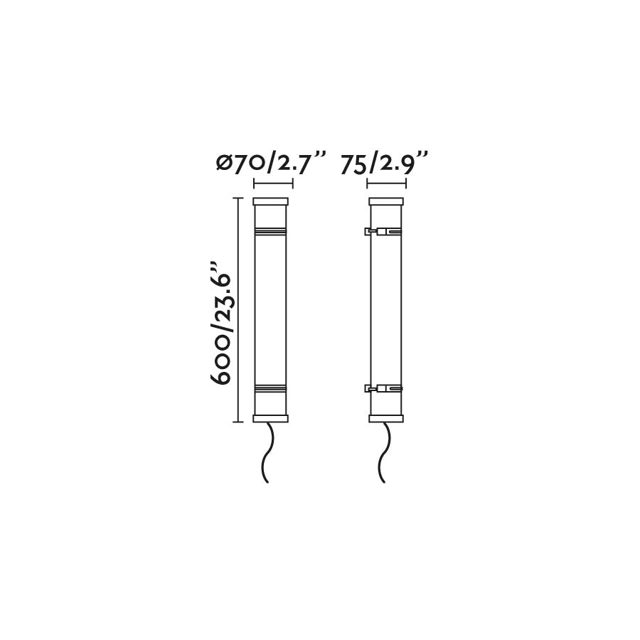 Medidas detalladas del Aplique LED Exterior SCUBA 600 Cromado 20W FARO 75750 en acero inoxidable, luminaria de pared industrial para iluminación exterior