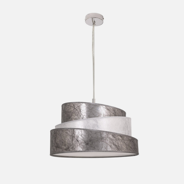 Lámpara colgante Colonia en plata y blanco de 40 cm, diseño moderno de Abrila con estructura metálica y detalles textiles, ideal para iluminación interior y decoración doméstica contemporánea.