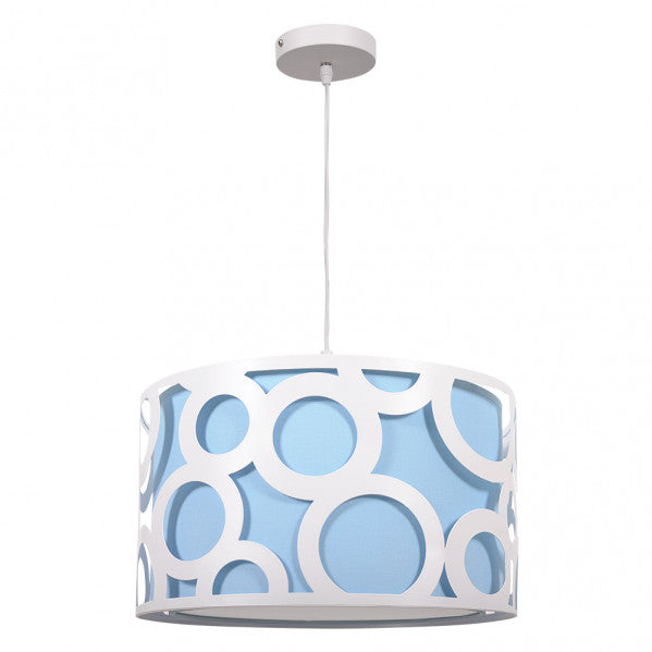 Colgante Orlando en azul y blanco de Abrila, modelo 028293008, lámpara colgante moderna de 30x30 cm con 1 casquillo E27, ideal para iluminación interior doméstica y decoración contemporánea en metal y textil.