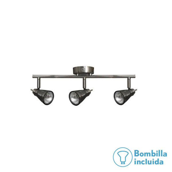 Regleta de focos modernos Tabernas en níquel con 3 bombillas GU10, diseño de iluminación interior Abrila para decoración contemporánea, certificado CE y apta para reciclaje, modelo 029893003 tamaño L.