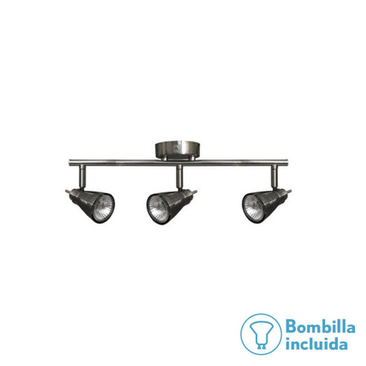 Regleta de focos modernos Tabernas en níquel con 3 bombillas GU10, diseño de iluminación interior Abrila para decoración contemporánea, certificado CE y apta para reciclaje, modelo 029893003 tamaño L.