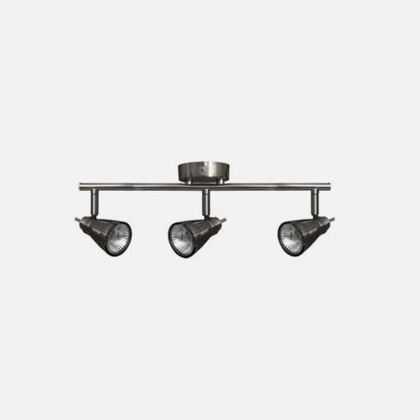 Regleta de focos modernos Tabernas en níquel cepillado con 3xGU10, diseño de Abrila para iluminación interior y decoración contemporánea, modelo 029893003, certificado CE, tamaño L, ideal para reciclaje y espacios funcionales.