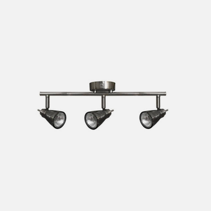 Regleta de focos modernos Tabernas en níquel cepillado con 3xGU10, diseño de Abrila para iluminación interior y decoración contemporánea, modelo 029893003, certificado CE, tamaño L, ideal para reciclaje y espacios funcionales.