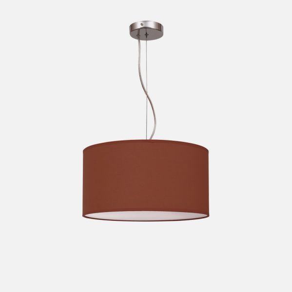 Colgante Nicole en marrón chocolate de Abrila, lámpara colgante moderna de metal y textil con 2 casquillos E27, diámetro 40 cm, ideal para iluminación interior doméstica y decoración contemporánea.