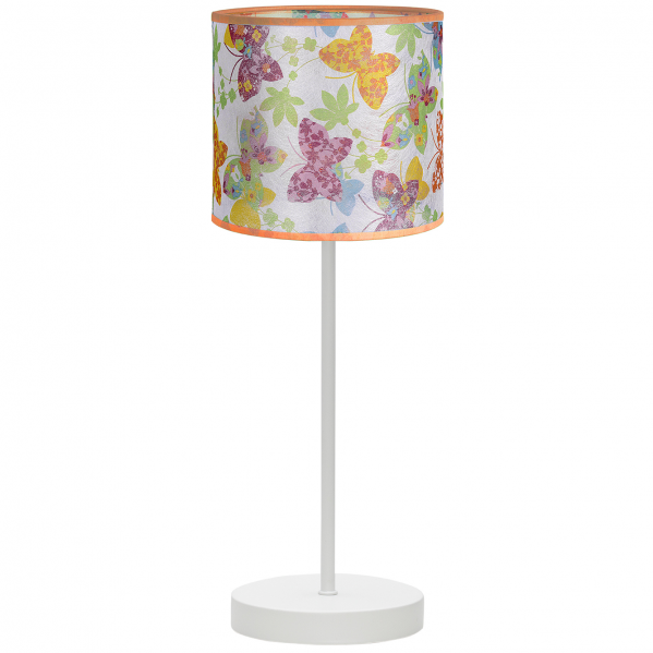 Lámpara sobremesa infantil Papillon naranja de Abrila, modelo 1xe14 con certificado CE, ideal para decoración de habitación de niños, diseño en color naranja con tema mariposa, fabricada con materiales reciclados y perfecta para iluminación suave en espacios infantiles.