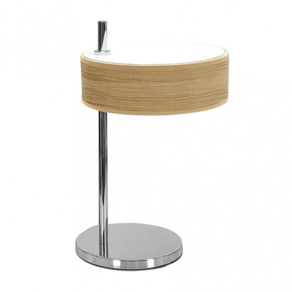 Lámpara de sobremesa Haiti de Abrila en acabado cromo y madera clara, diseño contemporáneo con luz difusa para iluminación doméstica moderna, estilo sobremesa con elementos de textil y metal para decoración interior.