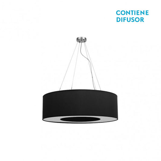 Colgante de techo pequeño Haiti en cromo y negro de Abrila, diseño moderno 50x50 cm para iluminación difusa en salón o dormitorio, casquillo E27, combinación textil y metal para decoración interior.