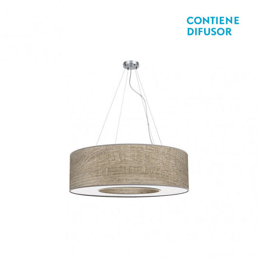 Colgante Haiti Pequeño de 50 cm en cromo y madera gris por Abrila (051995083), lámpara colgante moderna de iluminación interior para salón o dormitorio, diseño doméstico con textil y metal en estilo contemporáneo.